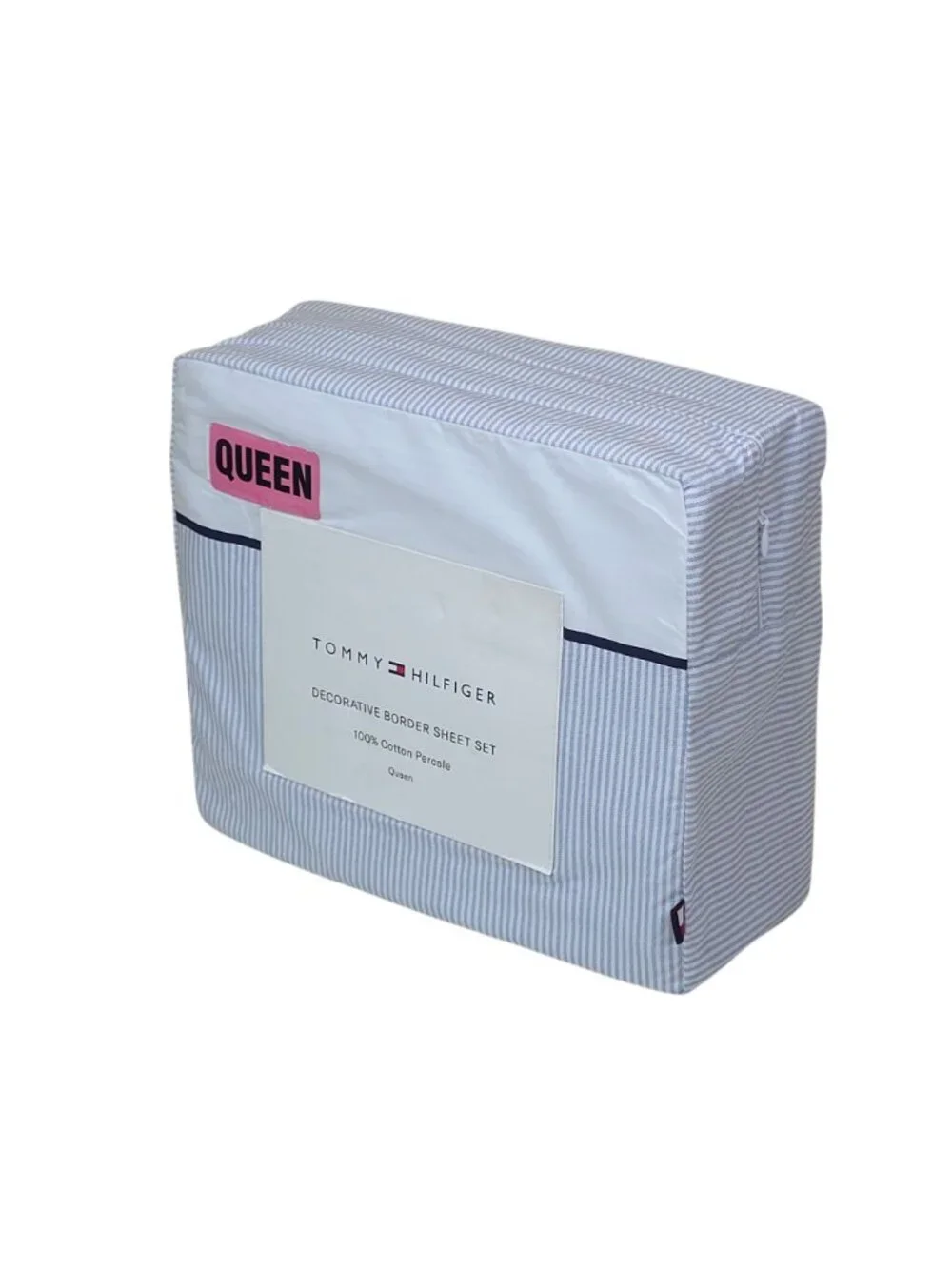 Tommy Hilfiger Decorative Border Queen Sheet Set 100% Cotton Percale Blue